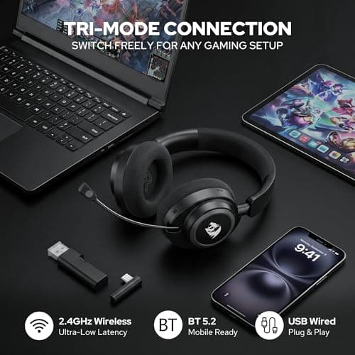 Redragon H891 Wireless Gaming Headset, Tri-Mode (2.4G/BT/Wired), 65H Battery, 50mm Drivers & 7.1 Surround Sound, Noise-Cancelling Retractable Mic, Compatible with PC, PS5, NS, Mac, Mobile — view 2