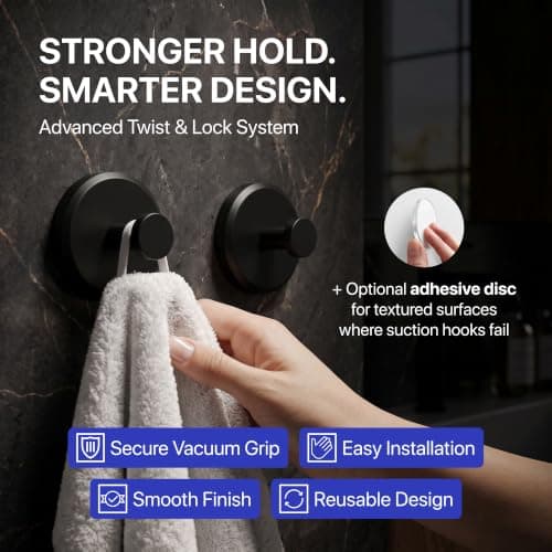 HOME SO Suction Cup Hooks for Shower & Bathroom Towel Holder 2-Pack – Suction Cups Hooks for Hanging Towels, Robes, & Coats - Tiles, Glass Door or Mirror – Shower Hooks & Towel Hooks Organizer - Black