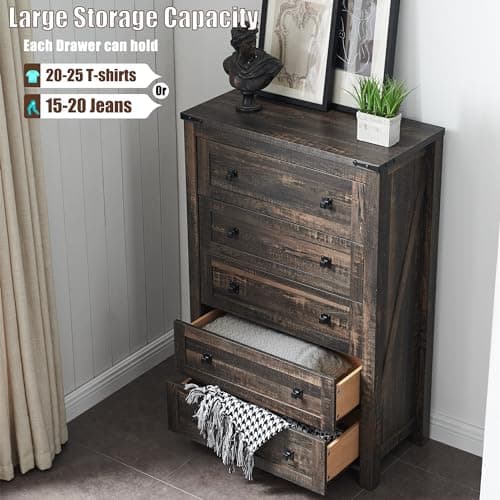 T4TREAM 48" Tall Farmhouse 5-Drawer Dresser for Bedroom, Dark Rustic Oak — view 2