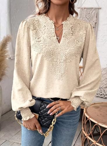 Falechay Womens Winter Tops V Neck Fashion Flower Trendy Tops for Women Apricot Dressy Casual Swiss Dot Clothes XS — view 5