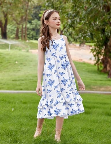 Arshiner Girls Floral Print Dress Casual Sleeveless Summer Sundress with Pockets for 11-12 Y Blue Floral — view 5