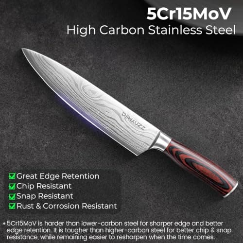 DiiHAUZZ Chef Knife, 8 Inch 5Cr15MoV High Carbon Stainless Steel Kitchen Knife with Ultra Sharp Edge, Ergonomic Pakkawood Handle, Sheath and Gift Box