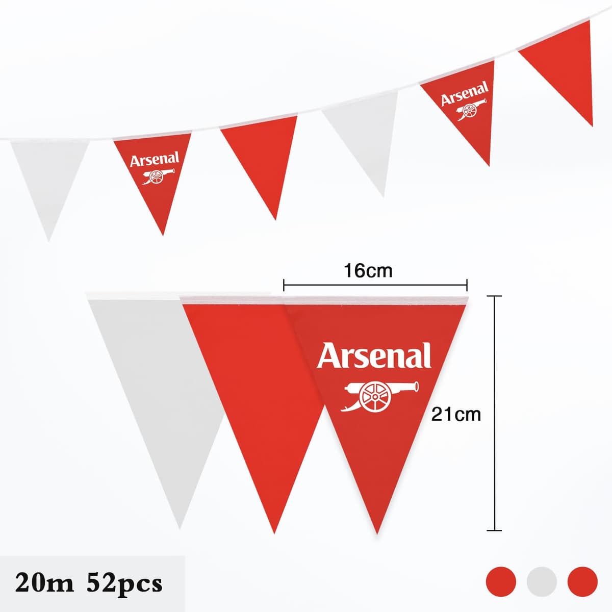 20m 52pcs Red White Bunting for Arse-nal Football Party, QRTDXP 16x21cm Reusable Red White Triangle Flags Garland for Football Party Indoor Outdoor Decoration Sports Events Celebration — view 3
