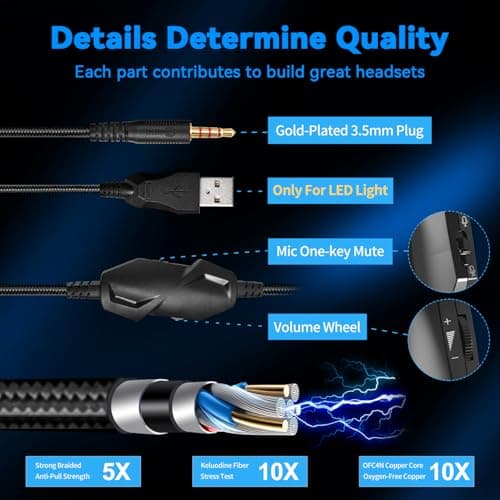 Jimonyer Gaming Headset for PS5 PS4 Xbox Series X|S PC Switch, 7.1 Surround Sound Over Ear Headphones with Noise Canceling Mic, RGB LED Light, Soft Memory Earmuffs Headset for Gaming or Work (Blue) — view 2