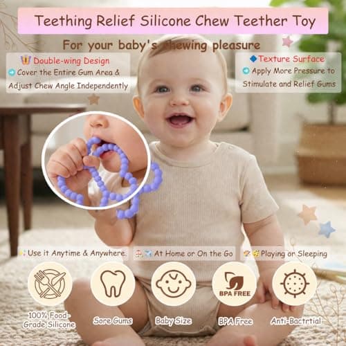 2 Pcs Baby Teething Toys Silicone Butterfly Teething Rings Over 3 Months - Baby Essentials Sensory Chew Toys -Baby Teether for Teething Relief -BPA Free Infant Toys Baby Shower Gifts (2, White,Purple) — view 5