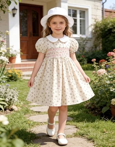 Miipat Toddler Girls Smocked Floral Dress Puff Sleeve Cotton Vintage Kids Peter Pan Collar Summer Dress(BeigeFloralPrint,3-4T) — view 7