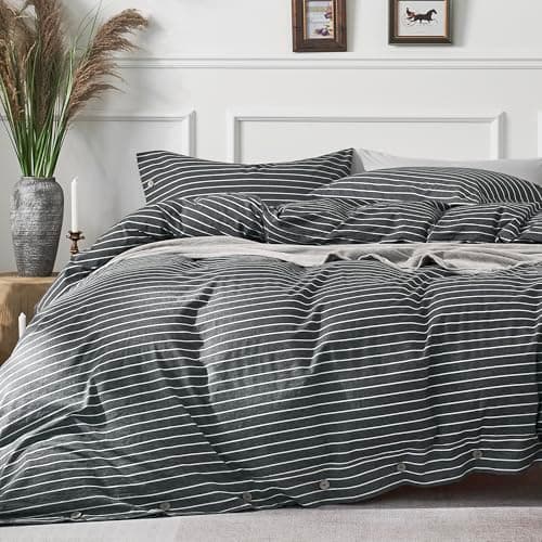 JELLYMONI Pinstriped 100% Washed Cotton Linen Like Duvet Cover Set, 3 Pieces Luxury Soft Bedding Set with Buttons Closure, Grey Stripes Pattern Printed Duvet Cover Queen Size(No Comforter)