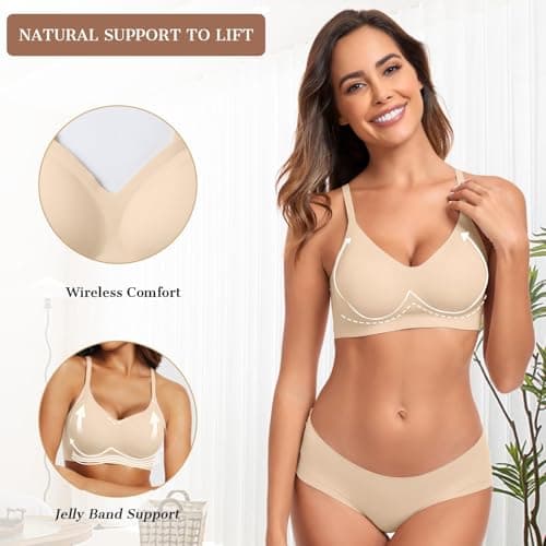 OEAK Womens Wireless Jelly Bras Comfortable Push Up Bra No Underwire Gel Bra Full Support Lift Everyday Seamless Tshirt Bras Beige XS