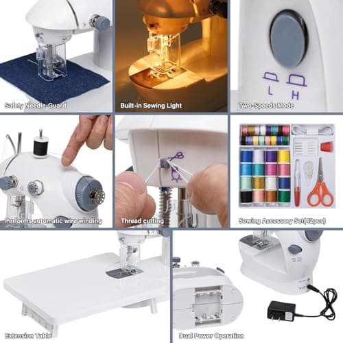 Sewing Machine for Beginners with Expansion Table and Foot Pedal and42Pcs Sewing kit Finger Guard & Light Mini Small Portable SewingMachines 2-Thread 2-Speed 2-Switches — view 3