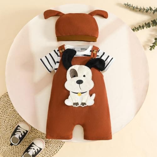 LUJENGEFA Baby Boy Outfit Clothes Set Stripe Overall Tops + Adjustable Suspender Pants +Hat Brown 0-3 months