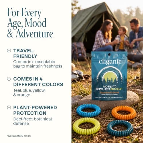 Cliganic 10 Pack Mosquito Repellent Bracelets for Adults & Kids - Natural DEET-Free Bands, Individually Wrapped