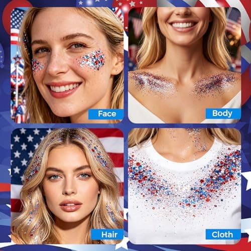 4th of July Glitter Stick Patriotic Hair Glitter Body Glitter face Glitter 4th of July Outfits for Women Fourth of July Outfit Women 4th of July Fourth of July Decorations，Red White and Blue X1 — view 3