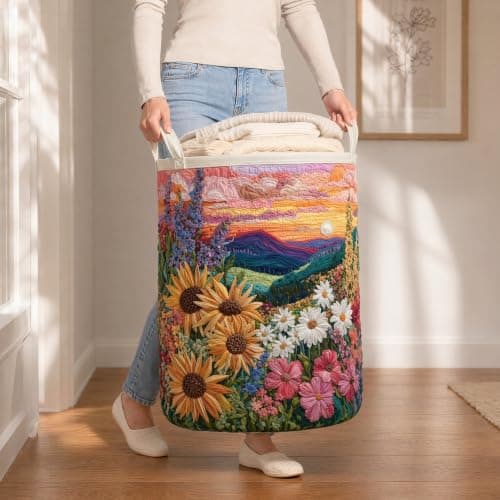 Quilted Laundry Basket with Handles, Boho Floral Quilted Storage Hamper, Large Soft Fabric Laundry Basket for Nursery, Bedroom, Laundry Room,Clothes & Toys (Pattern 02, Large (28"H x 20"W x 20"L)) — view 5