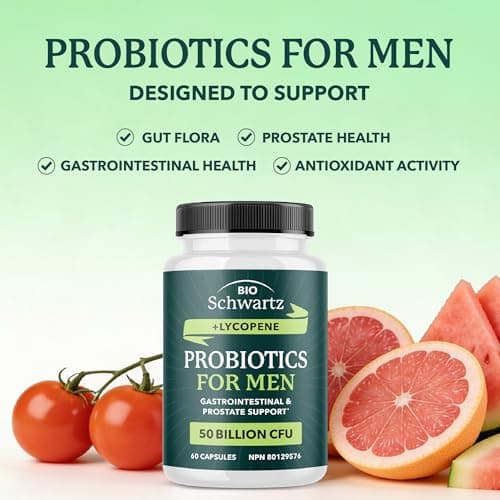 Probiotics for Men | Gut Health & Prostate Support | 50 Billion CFU with 15 Probiotic Strains | With Lycopene for Prostate Support | Men’s Gut Health Supplements | Non-GMO | Made in Canada | 60 Ct