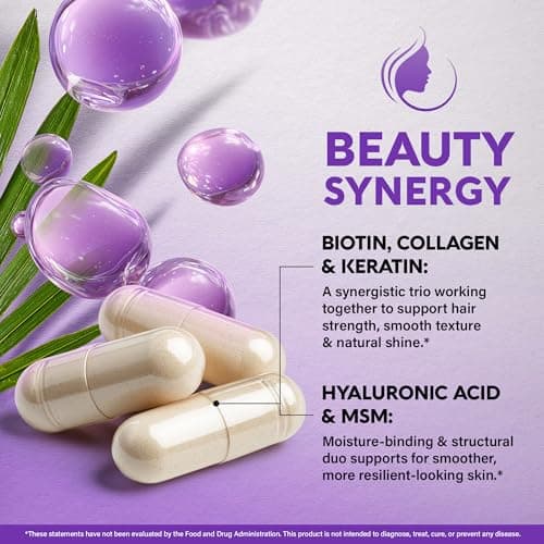 Biotin | Collagen | Hyaluronic Acid | Keratin - Hair Growth & Strength Support Vitamins - Skin & Nails Supplement - Clinically Tested for Men & Women - 25000mcg Vitamins B1, B2, B3, B6 & B7 - 60 Caps — view 6