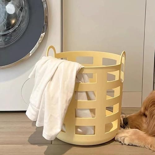 Small Plastic Imitation Rattan Laundry Basket with Handles Clothes Organizer Portable Reusable Storage Hamper for Bathroom and Home Lightweight Hollow-Out Design, 20 X18CM