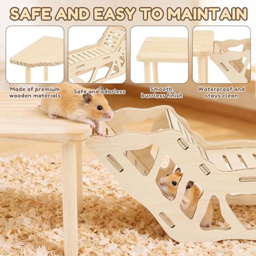 3-Piece Set Hamster Play Wooden Platform, Hamster Hides Tunnel Shelter w Ladder, Small Animal Wood Stand, Hamster Toys Cage Accessories for Dwarf Syrian Hamsters Gerbils Mice Degus or Other Small Pets — view 2