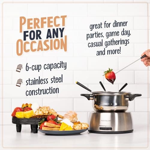 Nostalgia FPS200 6-Cup Stainless Steel Electric Fondue Pot with Temperature Control, 6 Color-Coded Forks and Removable Pot - Perfect for Chocolate, Caramel, Cheese, Sauces and More — view 2