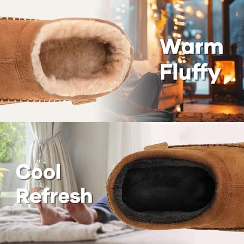 Zigzagger Men's Slip On Moccasin Slippers, Indoor/Outdoor Warm Fuzzy Comfy House Shoes, Fluffy Wide Loafer Slippers, Tan, 9-10 US — view 2