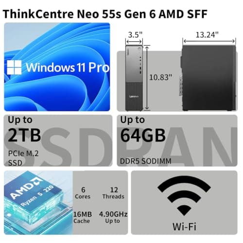 Lenovo ThinkCentre Neo 55s Business SFF Desktop, AMD Ryzen 5 220 up to 4.9 GHz, 16GB DDR5, 512GB SSD, Support 2-Monitor 4K, HDMI, DP, Wired KB & Mouse, Wi-Fi 6, Windows 11 Pro, External DVD Bundle