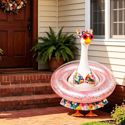 Ciyufavo 23 in Porch Goose Summer Outfit Bikini, Hawaiian Porch Goose Swimsuit Clothes Costume Accessories with Bow Glasses Swim Ring for 23" Summer Goose Garden Patio Statue Decor (Flower) — view 4