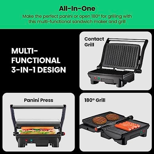 Chefman Electric Panini Press Grill and Gourmet Sandwich Maker w/ Non-Stick Coated Plates, Opens 180 Degrees to Fit Any Type or Size Food, Dishwasher Safe Removable Drip Tray, Stainless Steel/Black — view 2