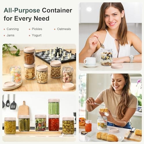 NETANY 6-pack 16oz Glass jars with Airtight Lids, Overnight Oats Containers with Lids, Wide mouth Mason Salad jars, Glass Food Storage Containers for Snacks Yogurt Spice Sugar-Beige — view 6