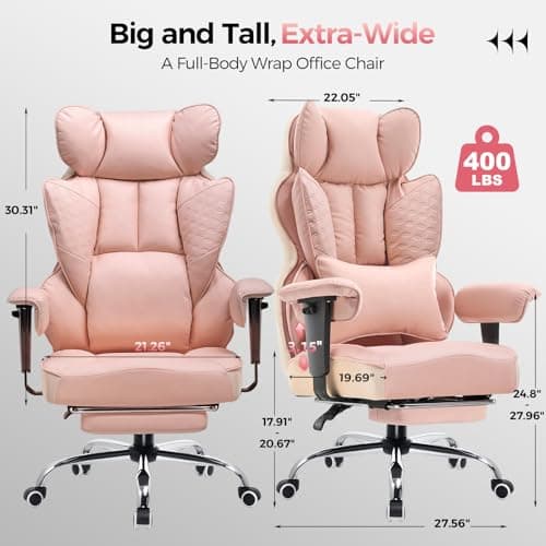 GTPLAYER Big and Tall Gaming Chair 400lbs Heavy Duty Office Chair with Foot Rest & Ergonomic Pocket Spring Lumbar Support, High Back 3D Saddle Shaped Cushion for Back Pain Relief, Pink
