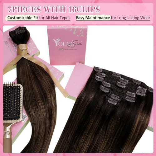 YoungSee Clip in Extensions Human Hair 18In 120G 7Pcs Dark Brown Balayage Medium Brown Clip in Hair Extensions Human Hair Ombre Straight Hair Extension Clip ins — view 3