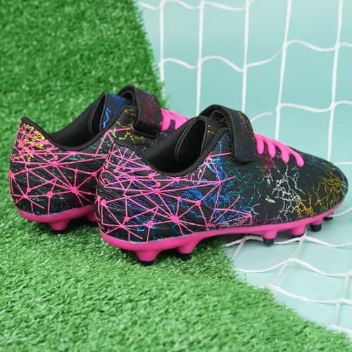 brooman Kids Firm Ground Soccer Cleats Girls Football Cleats with Shin Guards and Soccer Socks (8 CA,Black Fuchsia) — view 5