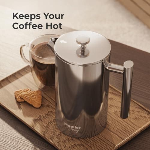 MuellerLiving French Press Coffee Maker 34oz, Stainless Steel French Press Coffee, 4 Filter Heat Resistant Double Insulated, Rust-Free, Food Grade, Dishwasher Safe Coffee Pot — view 5