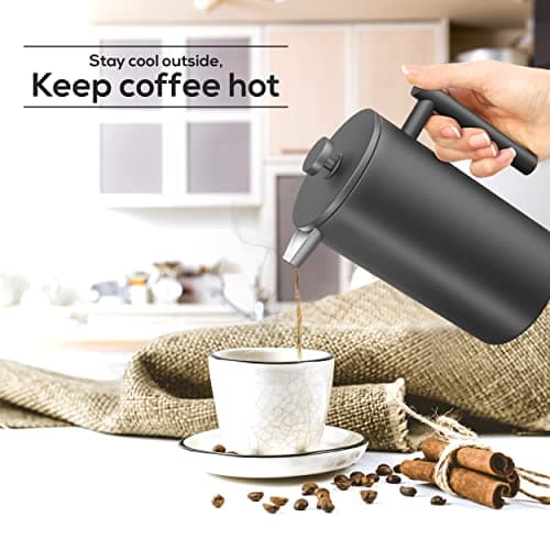 Utopia Kitchen 304 Grade Stainless Steel French Press Coffee Maker 34 Oz, Double Wall Insulated Coffee Press with 4-Level Filtration system, Include 2 Extra Filters, Rust-Free, Black — view 5