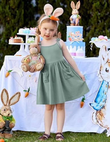 Arshiner Toddler Girl Summer Dress Boho Easter Casual Sleeveless Beach Sundress Sage Green 5-6 Years — view 4