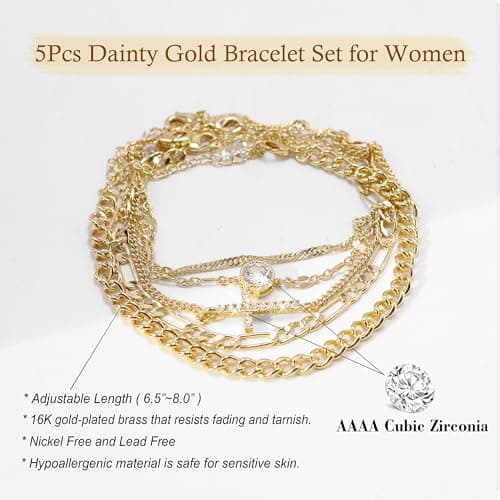 Gold Bracelets for Women Non Tarnish, Waterproof 16K Gold Plated Dainty Stackable Thin Chain Bracelet Set Trendy Cubic Zirconia Cross Bracelets Jewelry Gifts for Women — view 4