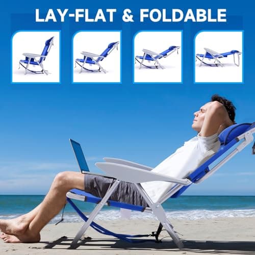 Canpsky Portable Beach Chair for Adults, Outdoor Camping Chair Lay Flat Folding Backpack Beach Reclining Chair with 5 Positions, Headrest, Zipper Pouch, Cup Holder, Blue — view 3