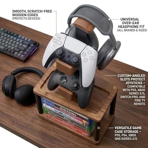 Solid Wood Headphone Stand & Controller Holder with Video Game Storage Base