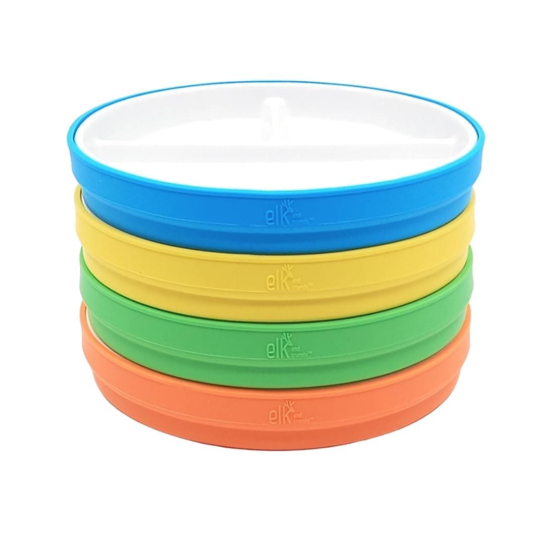 Elk and Friends Kids 6.7” Porcelain White Divided Plates with Silicone Sleeves | Suitable for Babies/Toddlers | Microwave & Dishwasher Safe | Non Slip Dinnerware | Snack Dishes | 4 Pack — view 25