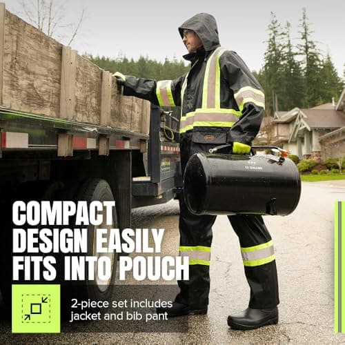 Pioneer Hi Vis Waterproof Lightweight Rainsuit - Work Safety Hooded Jacket and Bib Pants - Adjustable Pant Length - Black — view 3