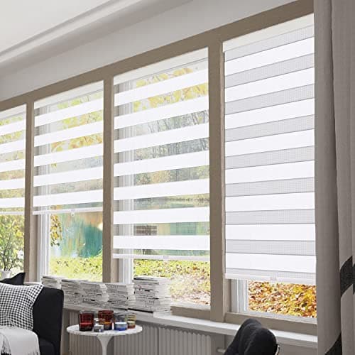 IDEKIO Zebra Blinds for Windows Custom Size Cordless Blackout Roller Blinds,Dual Layer Sheer or Privacy Light Control,Day and Night Window Zebra Shades,White,20" W x [25" H to 98" H Customize]