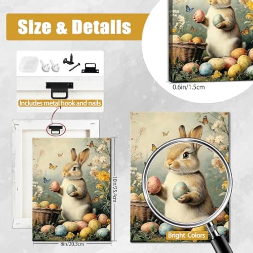 Easter Bunny Canvas Wall Art, Cute Rabbit and Easter Eggs Painting Prints, Vintage Farmhouse Spring Animal Picture, Modern Framed Easter Wall Decor for Bedroom, Living Room, Bathroom, Office 8×10In — view 4