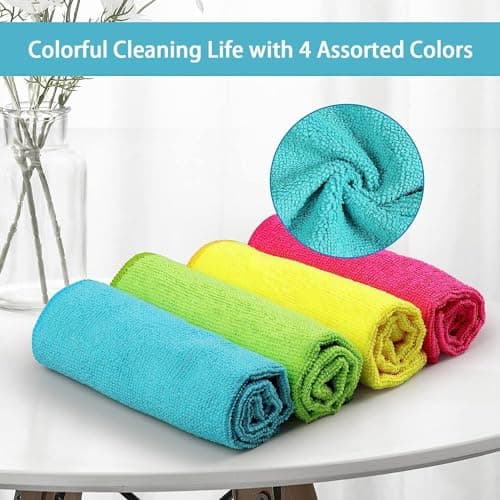 HOMEXCEL Microfiber Cleaning Cloth,12 Pack Cleaning Rag,Cleaning Towels with 4 Color Assorted,11.5"X11.5"(Green/Blue/Yellow/Pink) — view 2