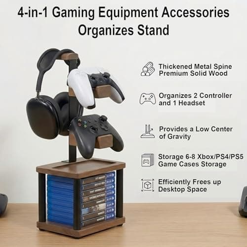 Solid Wood Headphone Stand & Controller Holder with Video Game Storage Base — view 5