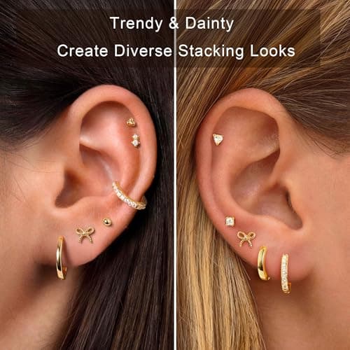 M MOOHAM Hypoallergenic Flat Back Earring Stack for Women Teen Girls, 14K Gold Plated Small Huggie Hoop Earrings Trendy Dainty Gold Cartilage Stud Earring Stacks Set Jewelry Gifts for Women Girls — view 3