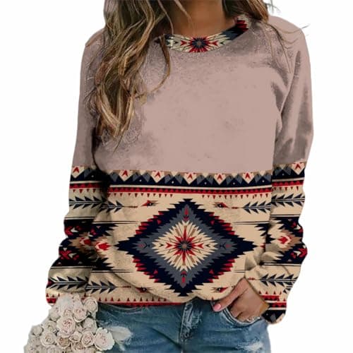 LOAIHA Western Sweatshirts for Women Native American Cowgirl Hoodies Aztec Shirts Long Sleeve Geometric Print Tops Crewneck Blouses Women's Fall Outfit,Aztec Pink,M