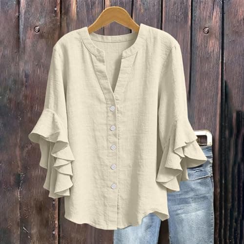 3/4 Ruffle Sleeve Cotton Linen Shirts for Women Dressy V Neck Beach Tunic Tops Elegant Summer Casual Work Blouses Yellow — view 2