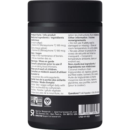 Sports Research® Vitamin K2 MK-7 100mcg with Coconut MCT Oil, 60 Vegan Softgels (2 Month Supply), Vegan Certified, Non-GMO Verified, Gluten & Soy Free Supplement