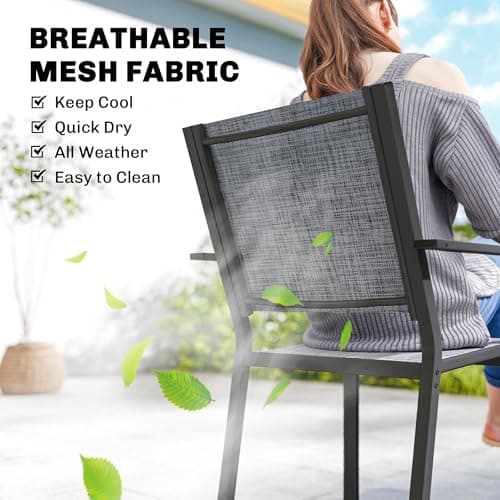 Outsunny 7 Pieces Outdoor Dining Set for 6, Rectangle Wood Effect Metal Patio Table and Mesh Stackable Chairs with Umbrella Hole, Patio Furniture Set for Garden, Yard, Black — view 5