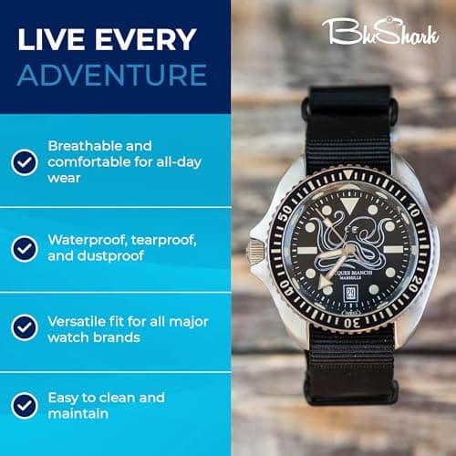 BluShark - Original Collection Military-Style Waterproof Watch Strap, Fits All Timepiece Brands, Durable Nylon Wristwatch Accessories, Black, 22mm, PVD Black Buckle — view 3