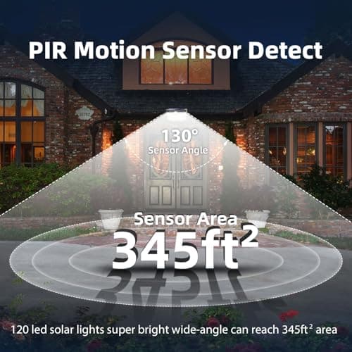 HMCITY 120 LED Solar Lights Outdoor with Motion Sensor and 3 Lighting Modes, IP65 Waterproof Wide Solar Wall Lights Ideal for Garden Patio Yard (Front Button 1Pack, Black Shell-Daylight White) — view 5