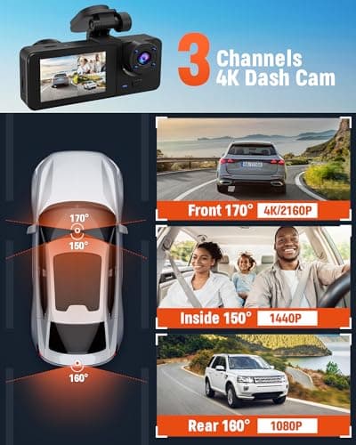 3 Channel Dash Camera, Dash Cam Front and Rear Inside, 4K UHD 170 Deg Wide Angle Dashboard Camera with 32GB SD Card, Built in IR Night Vision,Loop Recording,24H Parking Monitor, Accident Lock